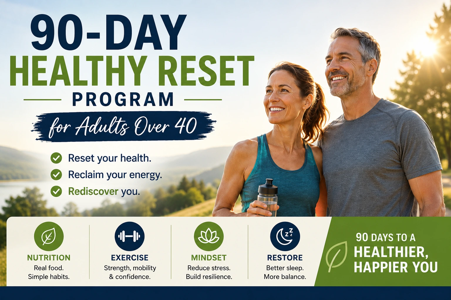 A Simple 90-Day Reset for Better Health After 40 with a healthy active woman outdoors