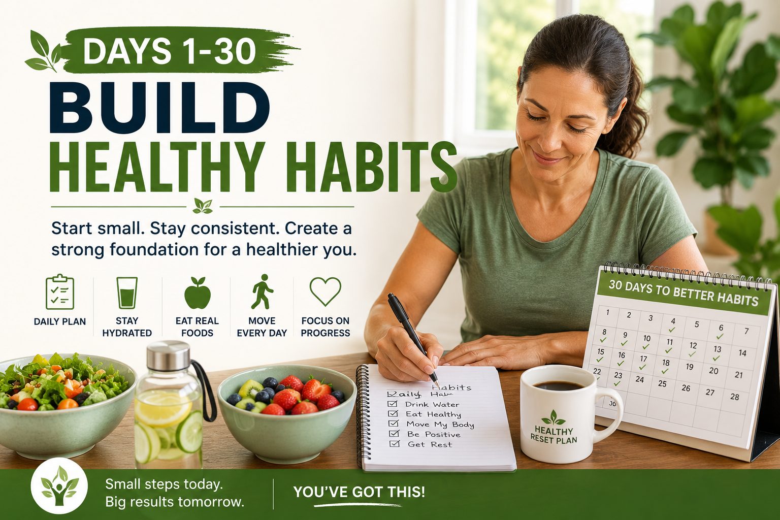 Days 1-30 Build Healthy Habits featuring a healthy active woman outdoors beginning a 90-day wellness journey