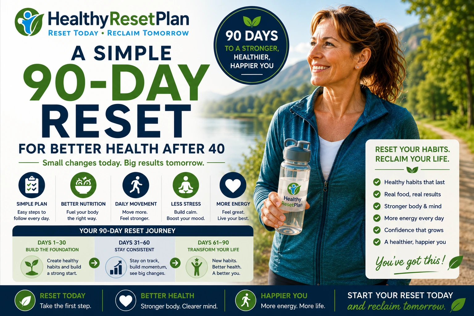 Active woman over 40 beginning a simple 90-day reset for better health with healthy eating, walking, hydration, better sleep, and lasting habits.