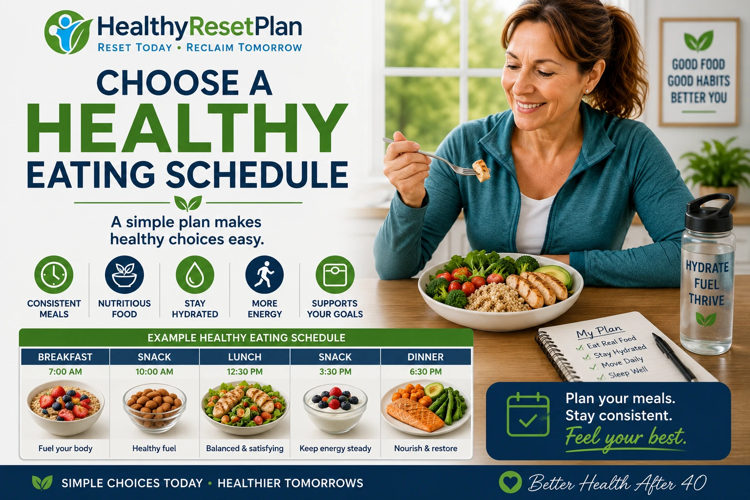 Woman over 40 eating a balanced meal with an example healthy eating schedule for consistent meals, nutritious food, hydration, and steady energy