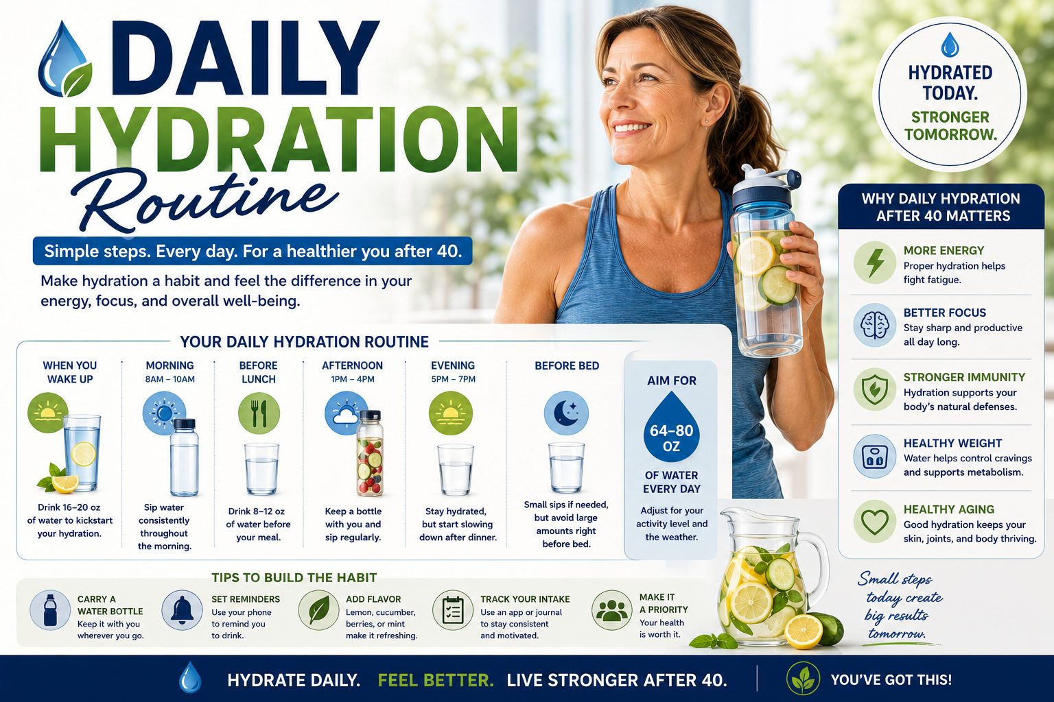 Woman over 40 holding an infused water bottle with a daily hydration routine guide
