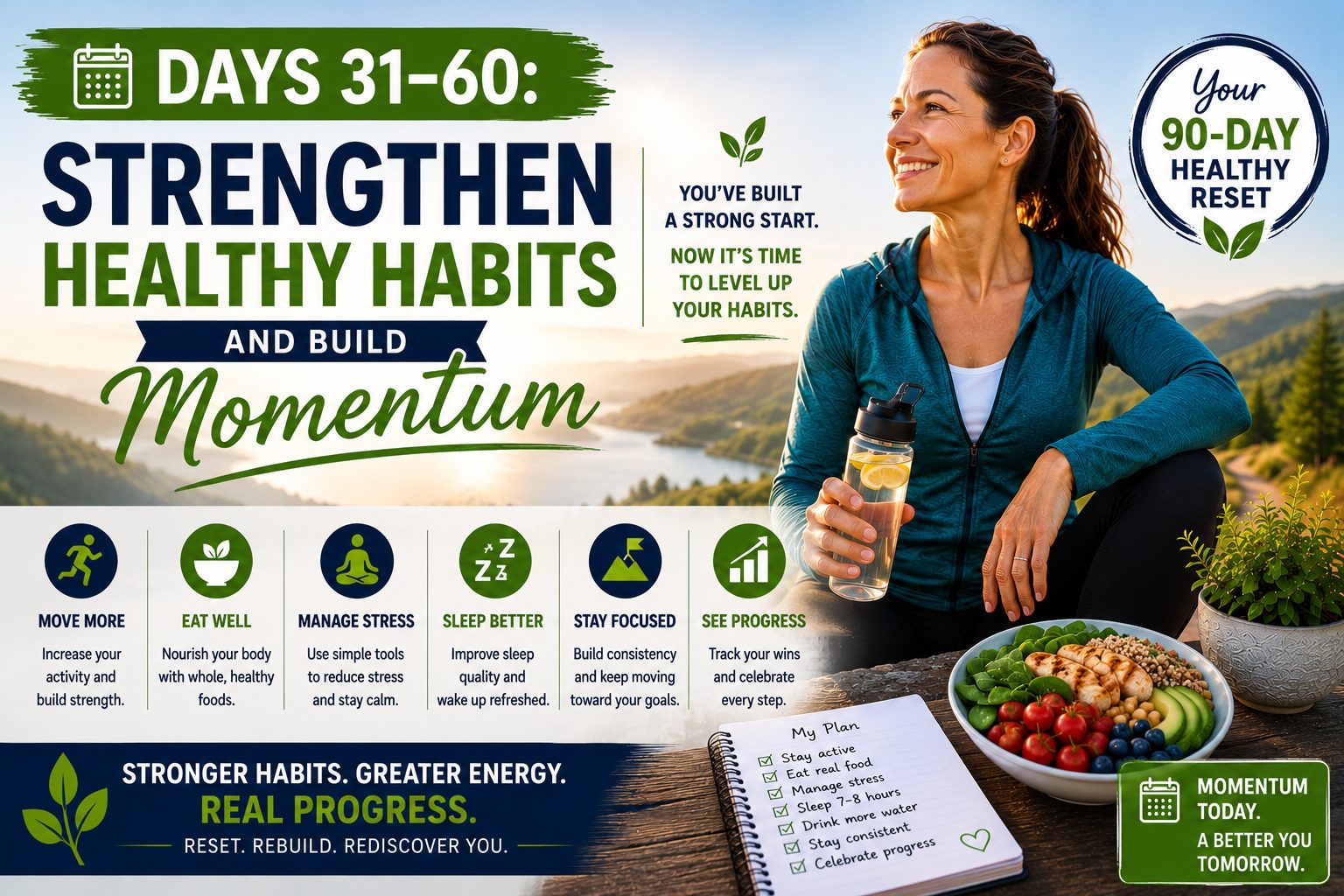 Days 31–60: Strengthen Healthy Habits and Build Momentum featuring an active woman over 40 outdoors with healthy food and a daily wellness plan