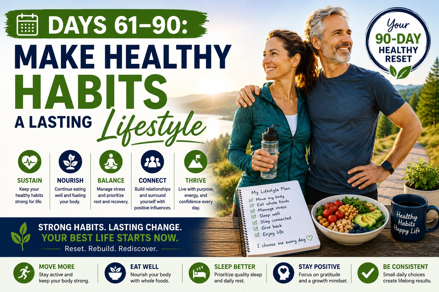 Days 61–90: Make Healthy Habits a Lasting Lifestyle featuring active adults over 40 outdoors with healthy food, hydration, and a written lifestyle plan