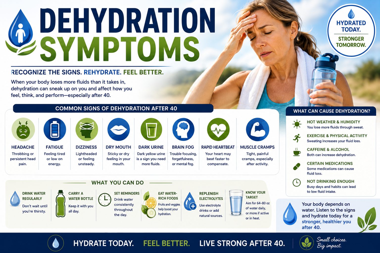Woman over 40 showing possible dehydration symptoms while holding a water bottle