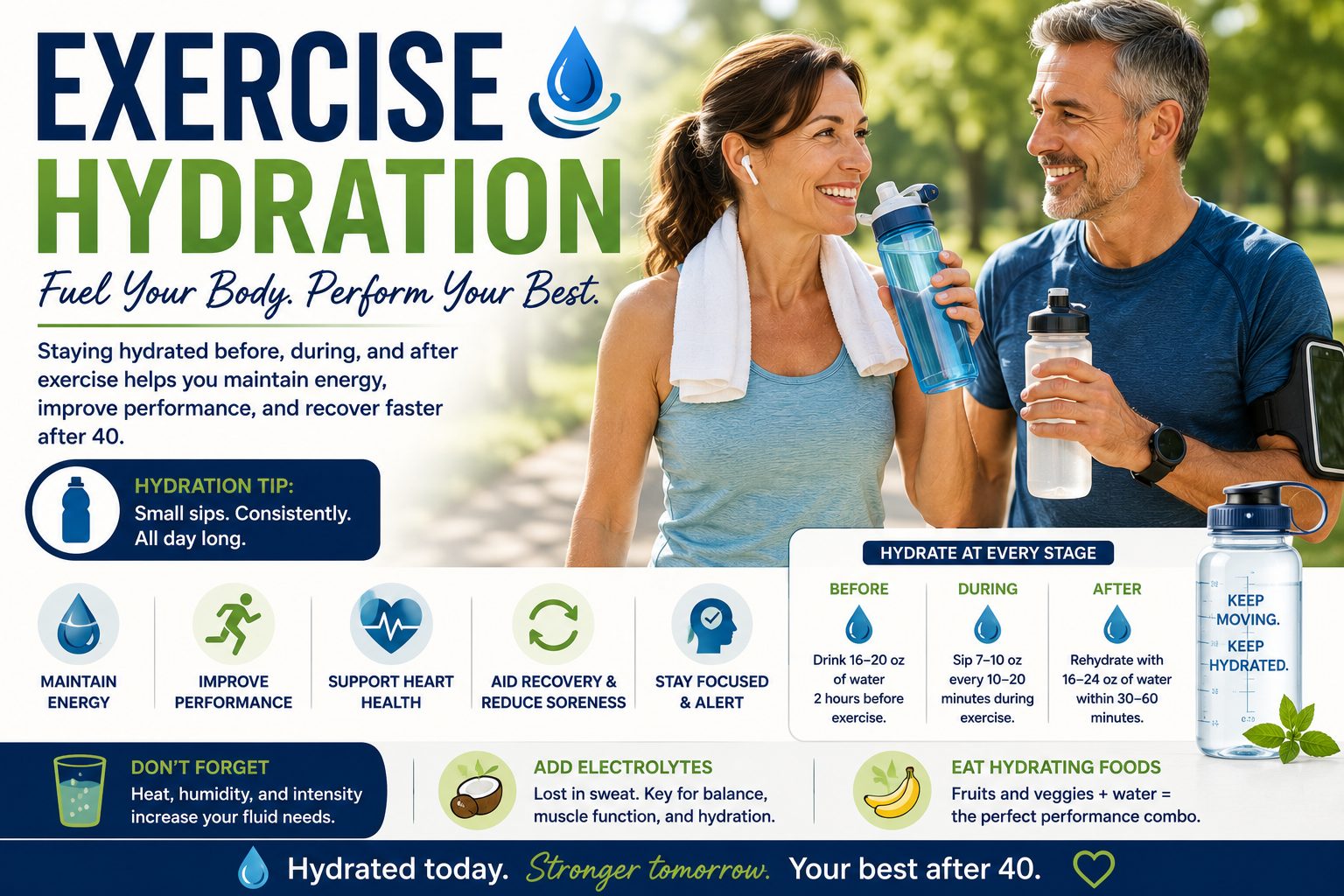 Man and woman over 40 holding water bottles during outdoor exercise