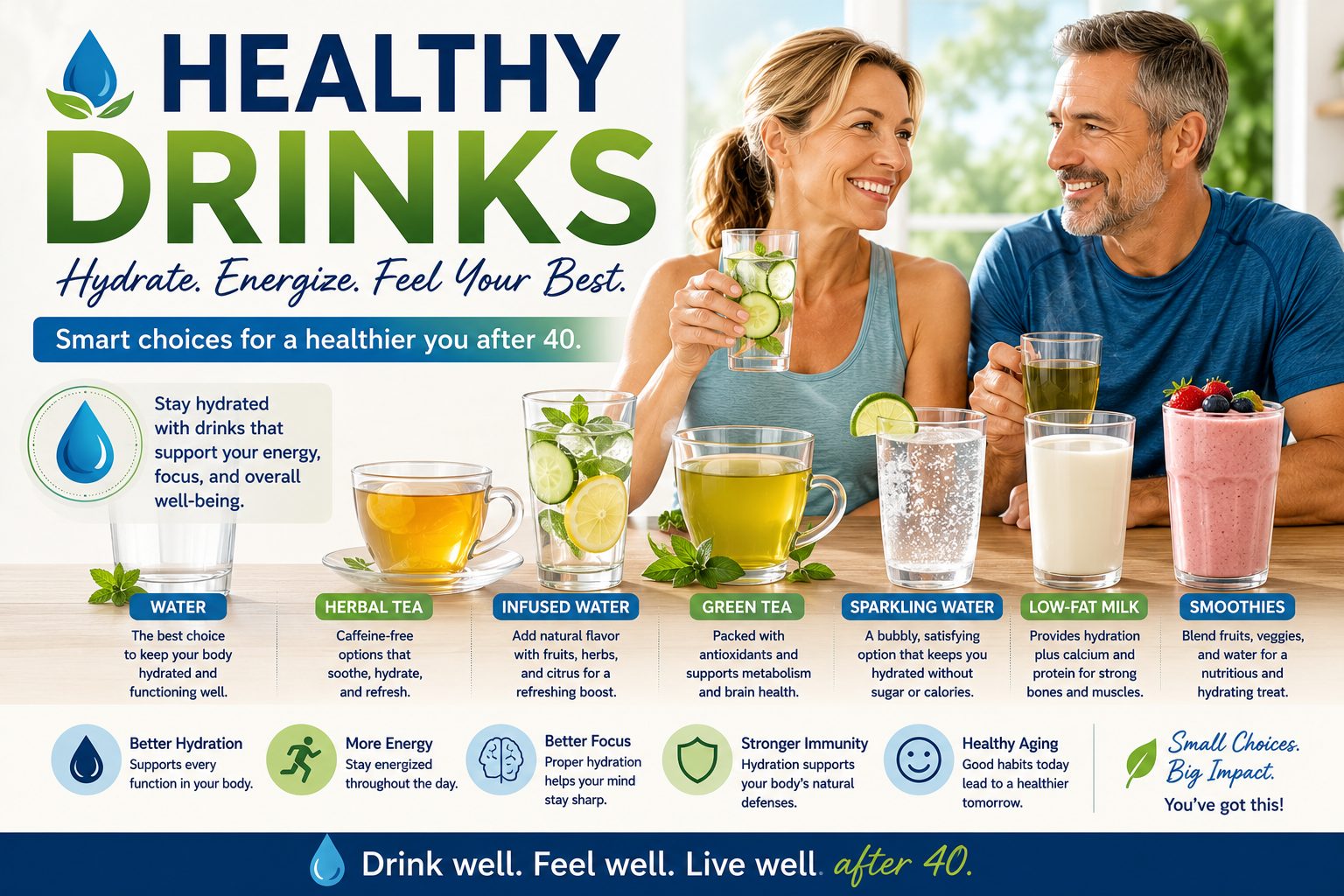 Healthy drinks for adults over 40 including water, herbal tea, infused water, green tea, sparkling water, milk, and smoothies