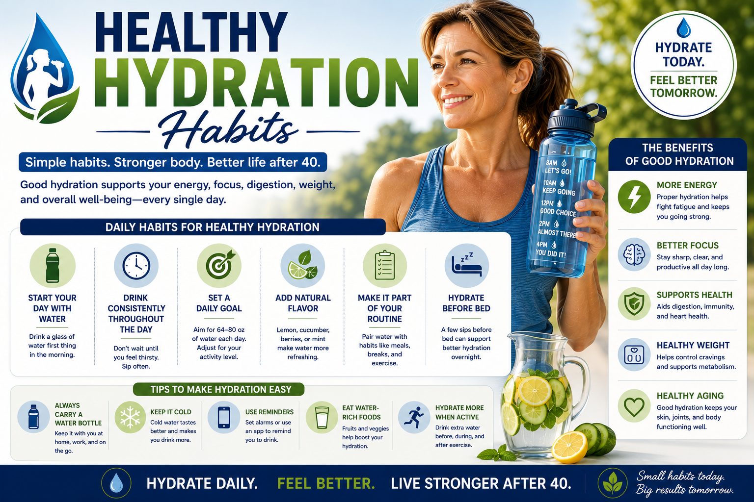 Woman over 40 holding a reusable water bottle with healthy hydration habit tips