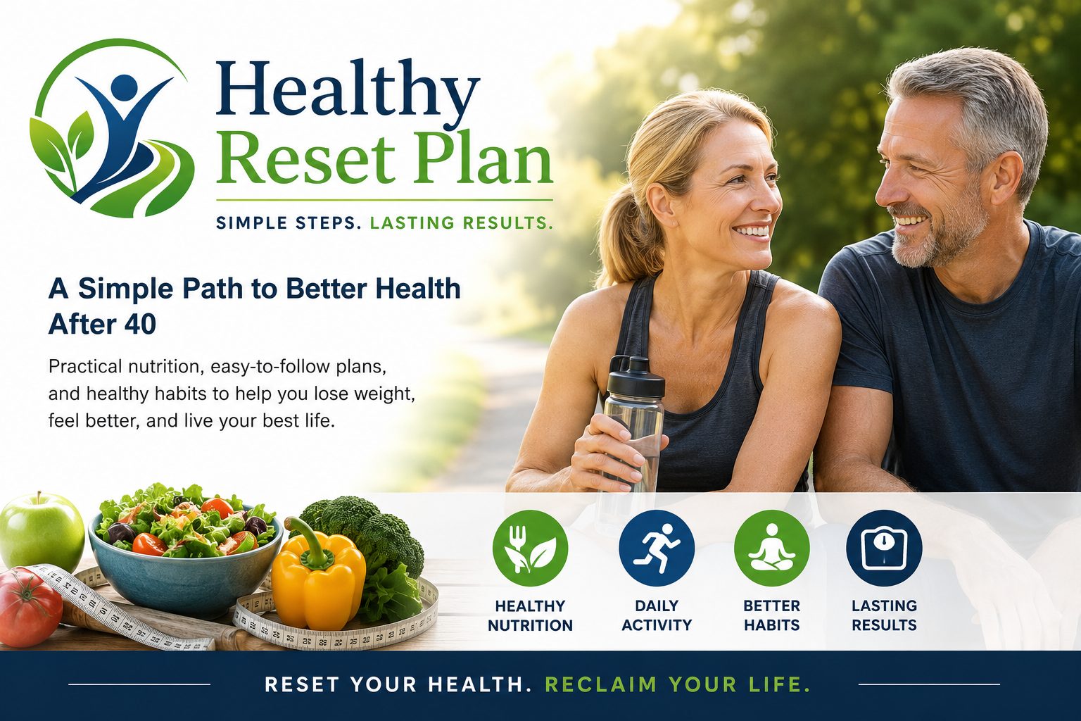 Healthy Reset Plan logo featuring a person, leaves, and a pathway representing healthy living and lasting wellness.