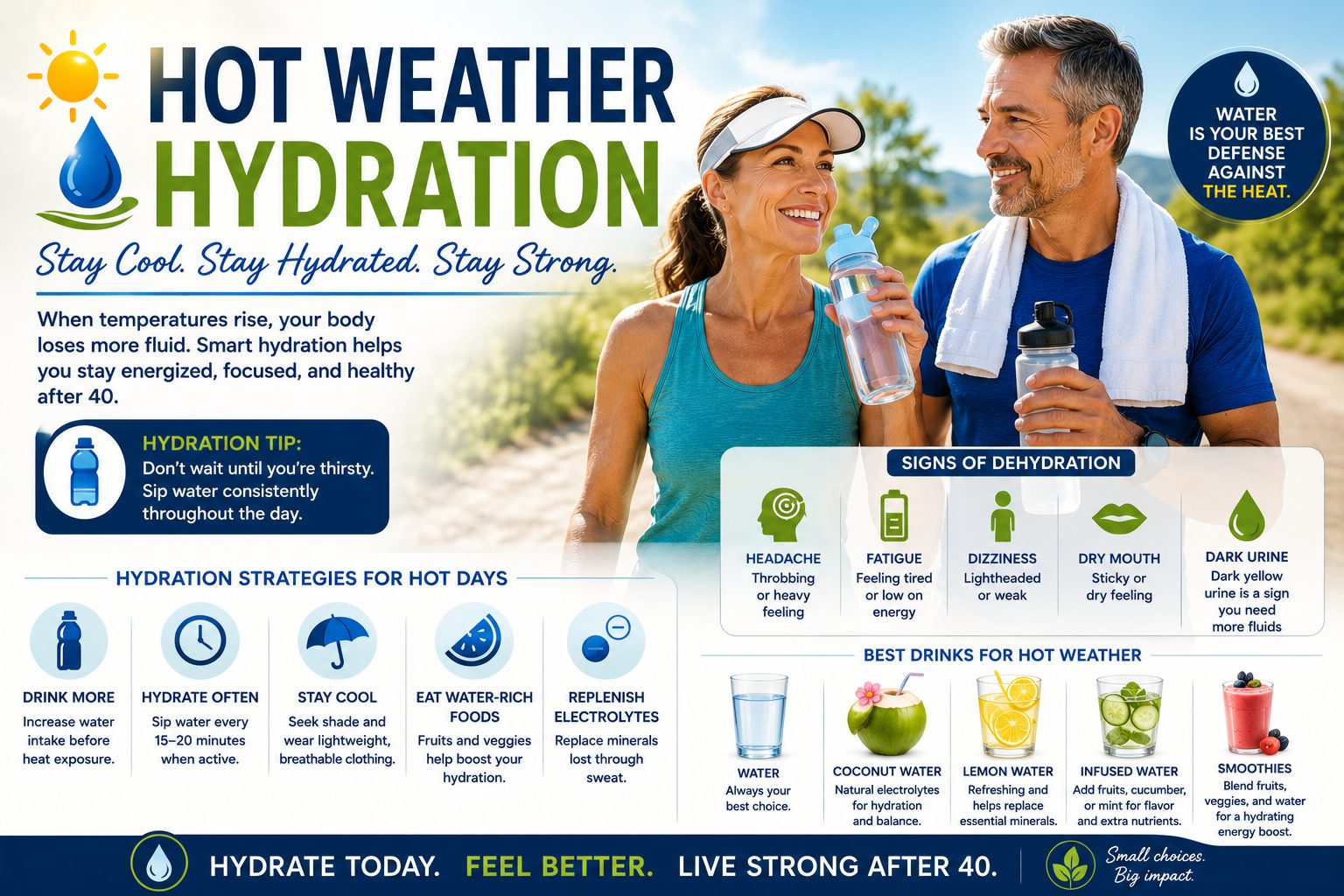 Active man and woman over 40 carrying water bottles during hot weather