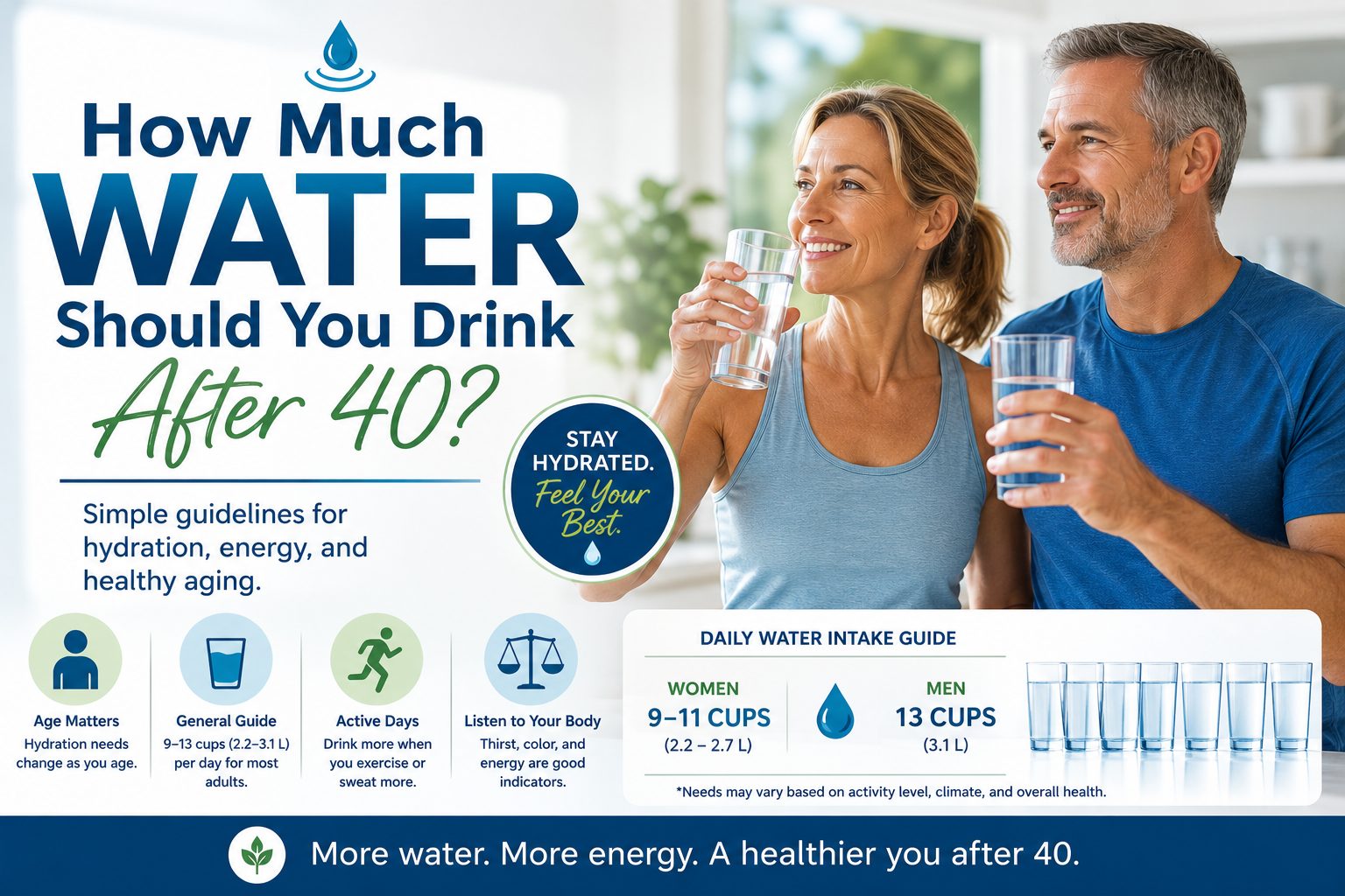 Man and woman over 40 holding glasses of water with a daily hydration guide