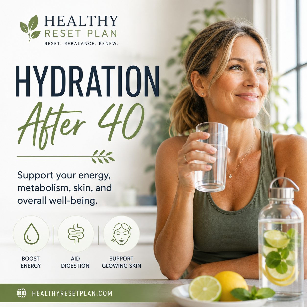 Woman over 40 drinking water for healthy hydration, energy, digestion, and glowing skin