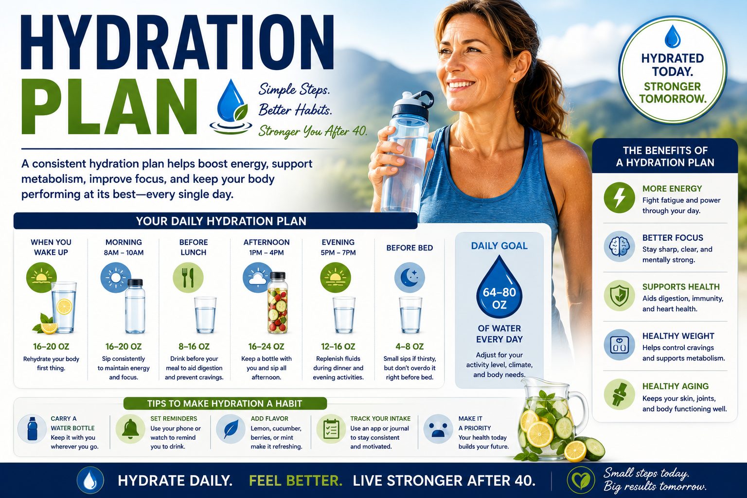 Woman over 40 holding a water bottle beside a practical daily hydration plan