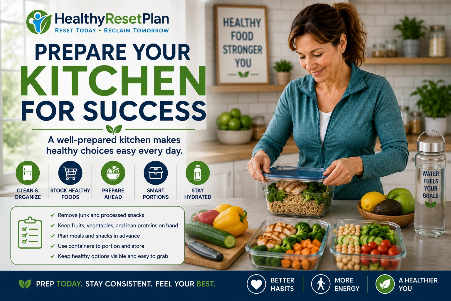 Woman over 40 meal prepping healthy foods in a clean kitchen to prepare for a 90-day healthy reset.
