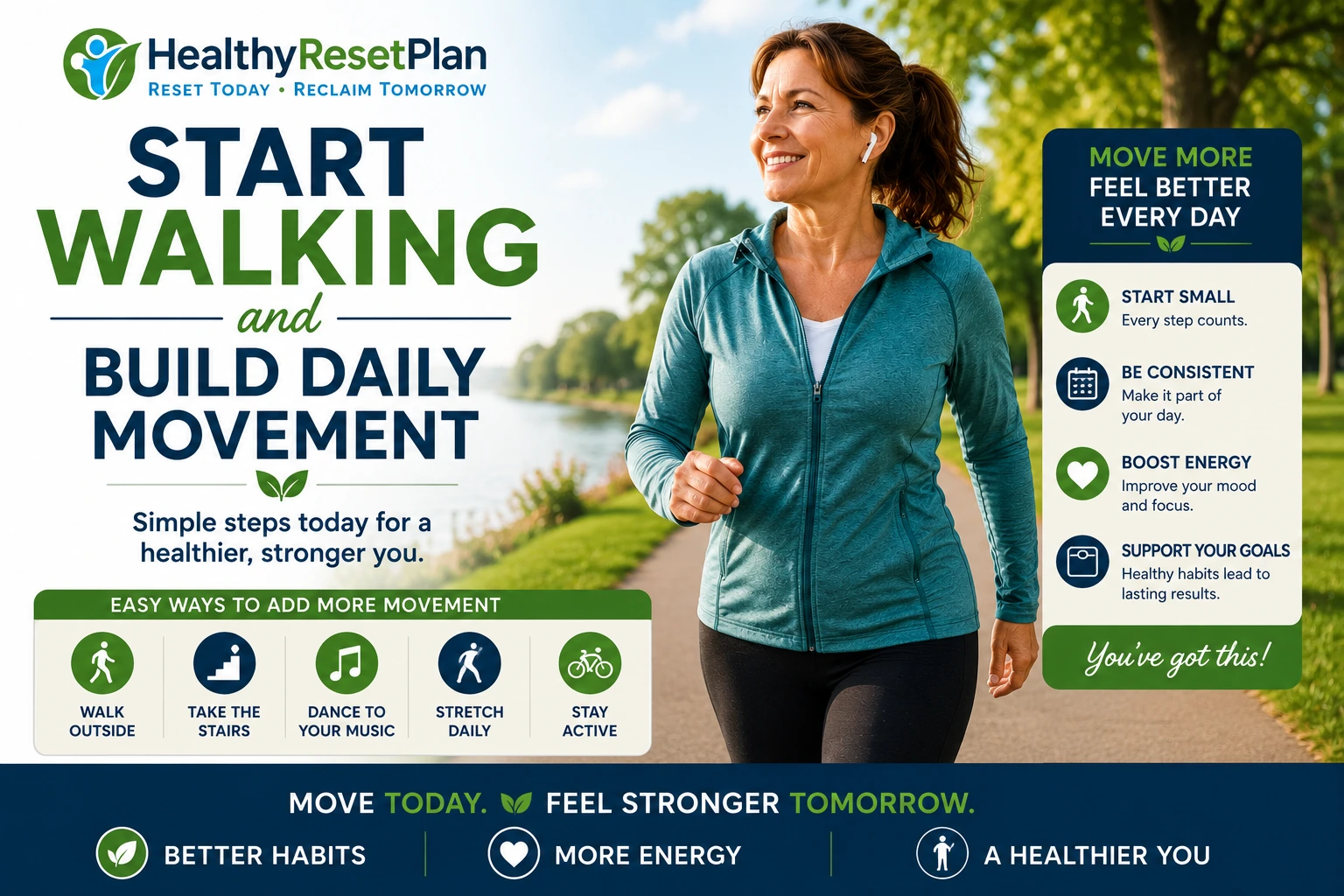 Woman over 40 walking outdoors to build daily movement, improve energy, support healthy habits, and begin a 90-day healthy reset