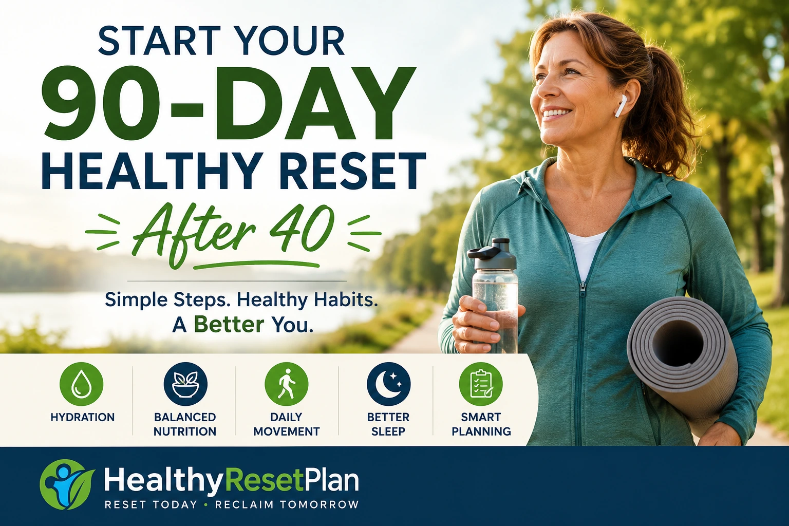 Start your 90-day healthy reset after 40 with hydration, balanced nutrition, daily movement, better sleep, and smart planning
