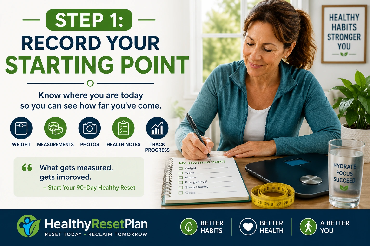 Woman over 40 recording her weight, waist measurement, energy level, sleep quality, photos, and health goals before starting a 90-day healthy reset