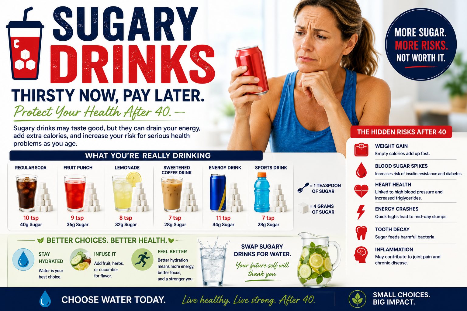 Woman over 40 comparing sugary drinks with water and healthier beverage choices