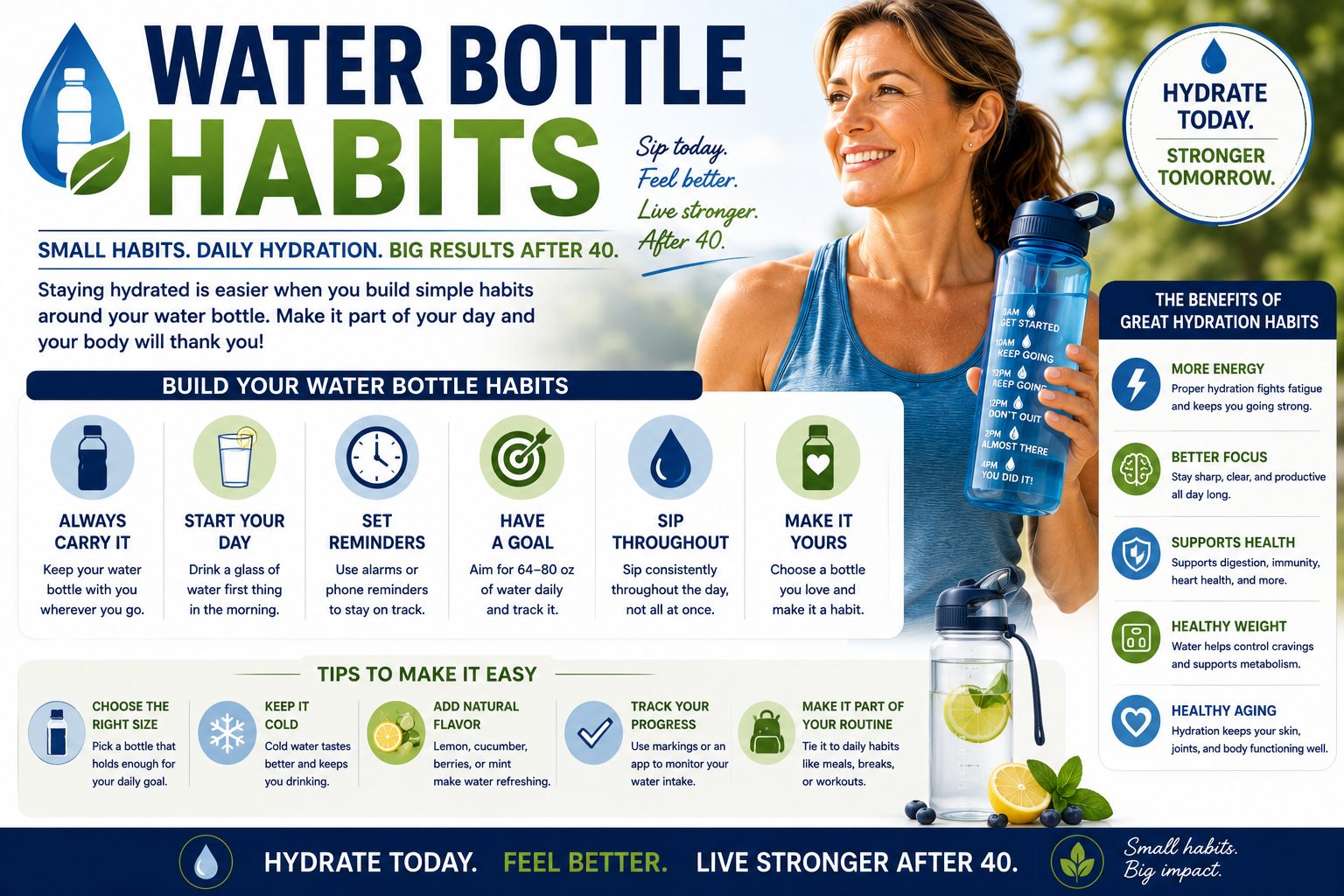 Woman over 40 holding a reusable water bottle with practical hydration habit tips
