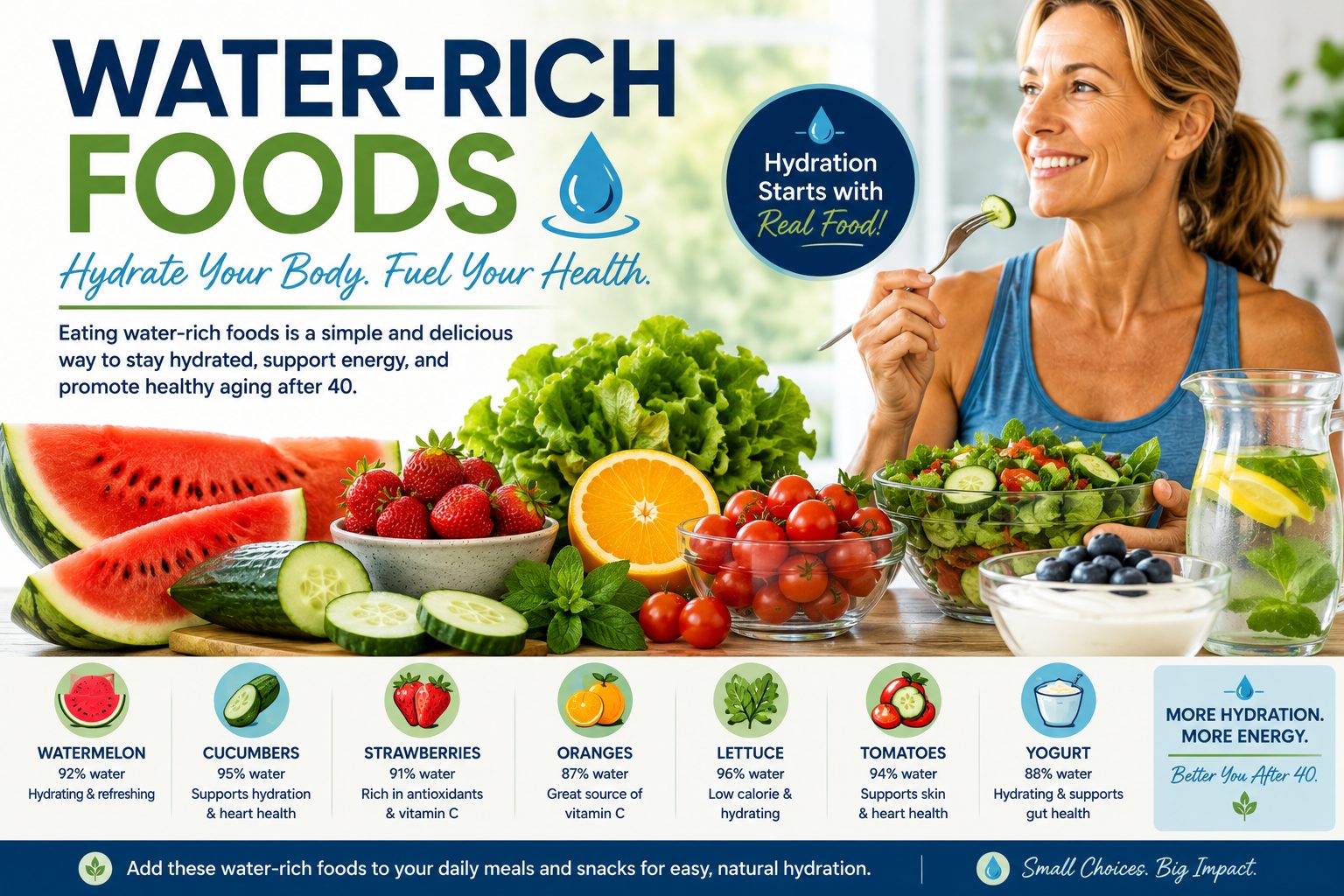 Water-rich foods including watermelon, cucumber, strawberries, oranges, lettuce, tomatoes, and yogurt for hydration after 40
