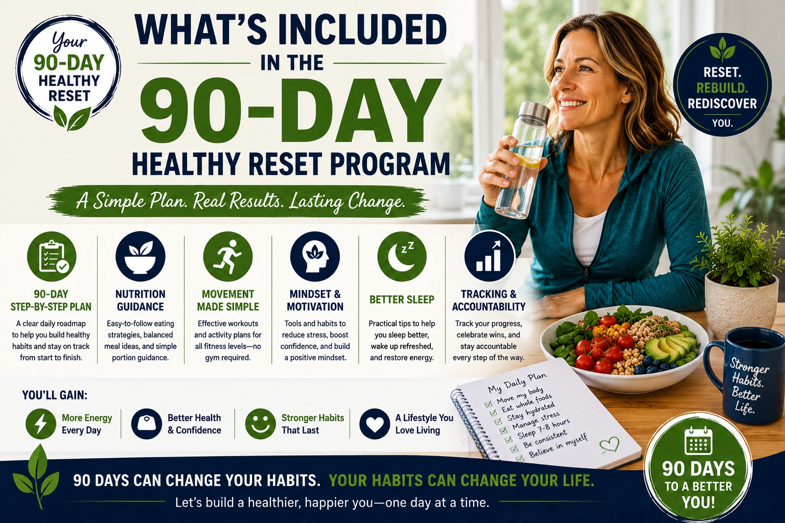 What’s Included in the 90-Day Healthy Reset Program featuring a woman over 40 with healthy food, water, a daily plan, and wellness program benefits