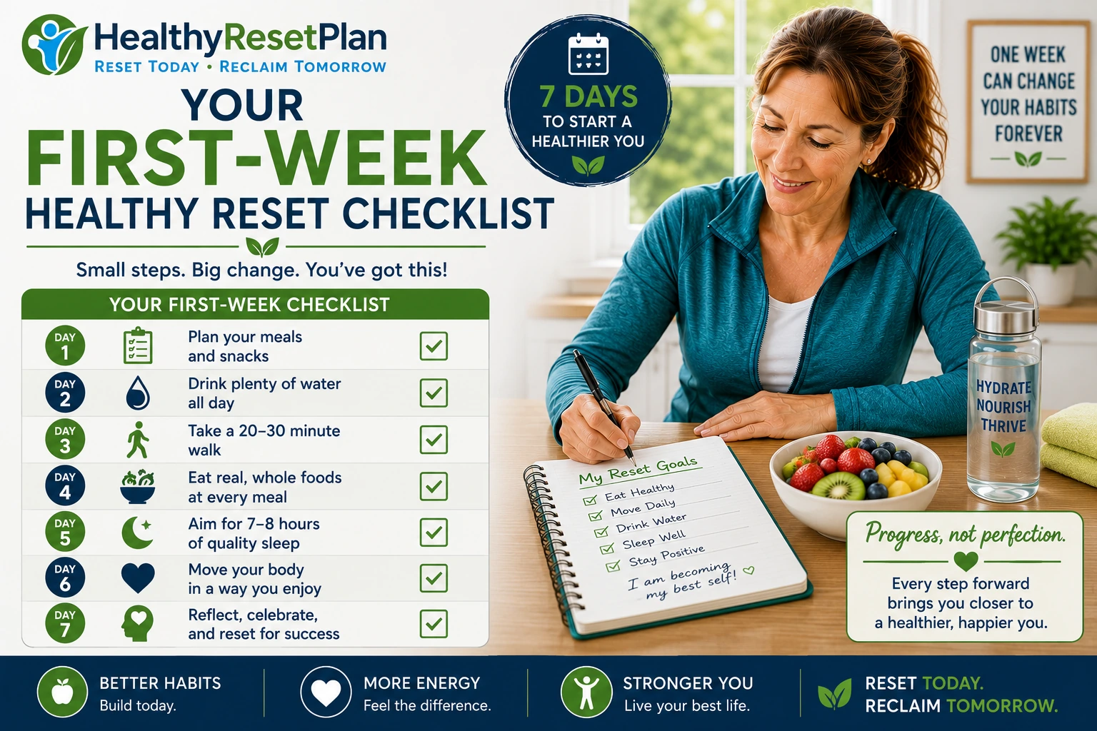 Woman over 40 completing a first-week healthy reset checklist with meal planning, hydration, walking, whole foods, quality sleep, daily movement, and reflection
